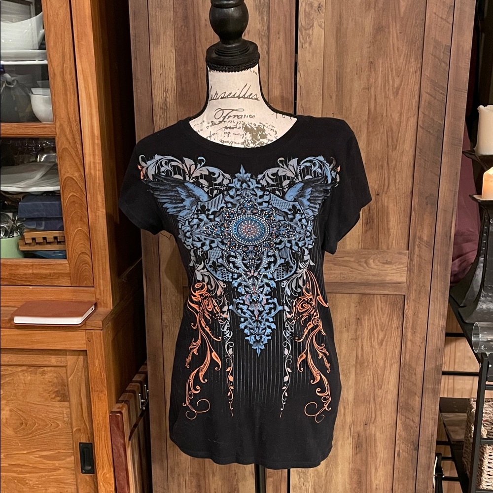 Women’s Black Graphic Tee with Blue and Orange Ornate Print